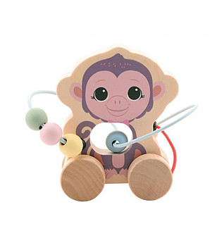 Дървена играчка за дърпане и лабиринт с мъниста - Маймунка снимка