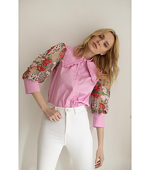 Розова дамска памучна риза с ефектни ръкави Lavoni снимка