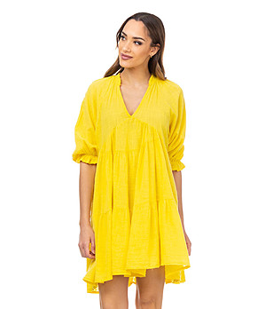 Жълта рокля от памук и лен Lavoni снимка