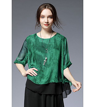 Асиметрична дамска блуза от естествена коприна Jade в зелено и черно снимка
