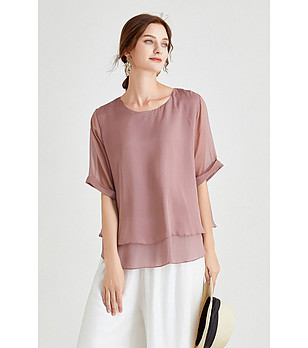 Дамска двупластова блуза от естествена коприна Christine в розов нюанс снимка