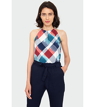 Кариран топ в червено, синьо и бяло Dorea снимка