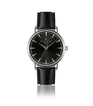 Unisex часовник със сребрист корпус и черна кожена каишка Vernier снимка