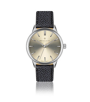 Сребрист unisex часовник с черна кожена каишка Lugano снимка