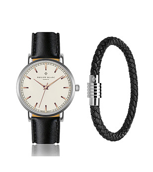 Комплект от часовник и гривна в черно и сребристо Carlino снимка