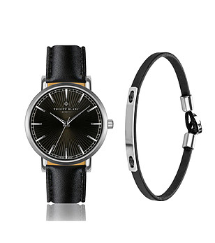 Мъжки комплект от часовник и гривна в черно и сребристо Vernier снимка
