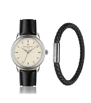 Мъжки комплект от часовник и гривна в черно и сребристо Zurich снимка