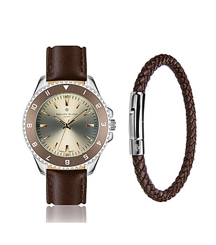 Мъжки комплект от гривна и часовник в кафяво и сребристо Avenches снимка