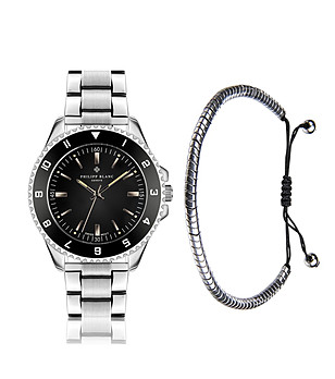 Мъжки комплект от гривна и часовник в сребристо и черно Avenches снимка