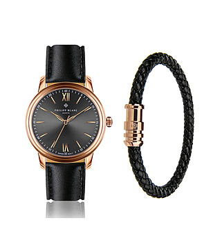 Мъжки комплект от часовник и гривна в черно и розовозлатисто Geneva снимка