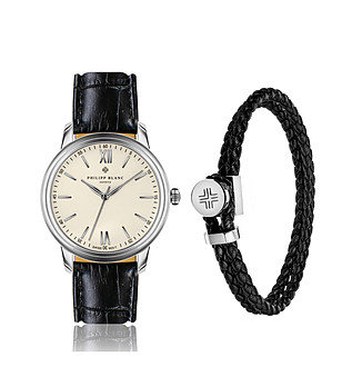 Мъжки комплект от часовник и гривна в черно и сребристо Geneva снимка