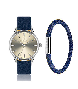 Мъжки комплект от часовник и гривна в синьо и сребристо Lugano снимка