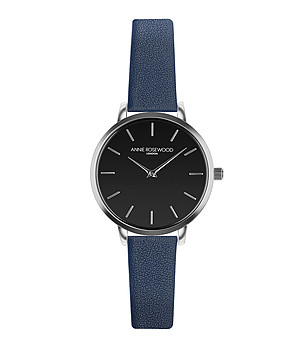 Сребрист дамски часовник с черен циферблат и каишка в синьо Forget снимка