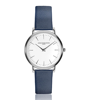Сребрист часовник с бял циферблат и каишка в синьо Karra снимка