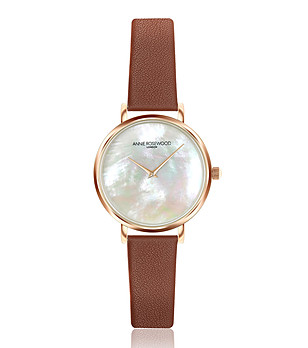 Розовозлатист часовник със седефен циферблат и каишка в кафяво Iris снимка