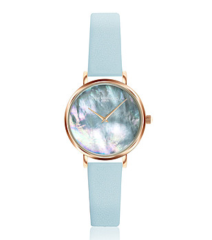 Розовозлатист часовник със син седефен циферблат и светлосиня каишка Iris снимка