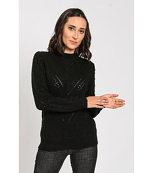 Черен дамски пуловер с ажурена плетка Alfina снимка