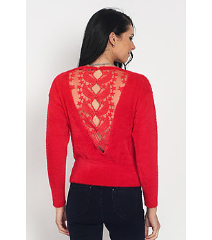 Червен дамски пуловер с ефектен гръб Lenitta снимка