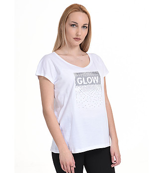Бяла памучна дамска тениска със сребристи пайети Vivi снимка