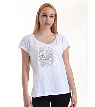 Бяла дамска памучна тениска с пайети Amanda снимка