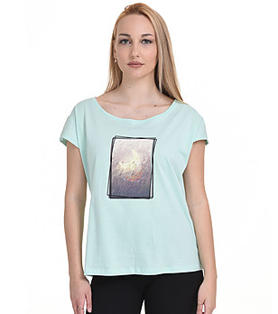 Дамска памучна тениска в цвят мента с принт Пейзаж Rubina снимка