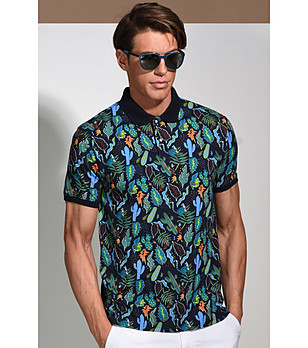 Тъмносиня мъжка памучна блуза с многоцветен принт Thomas снимка