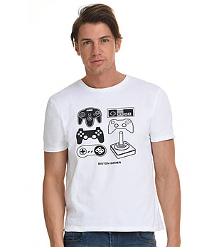 Спортна памучна мъжка бяла тениска с черна щампа Stephen снимка