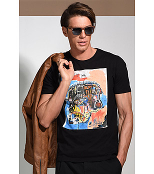 Черна мъжка памучна тениска с многоцветна щампа Gregory снимка
