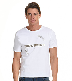 Бяла мъжка памучна тениска със сребристи детайли Dennis снимка