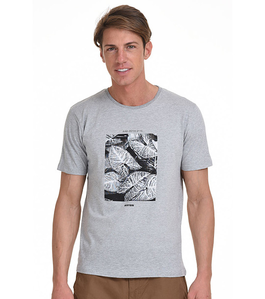 Мъжка памучна тениска в сиво с щампа листа Nicholas снимка