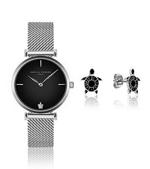 Комплект от часовник обеци в сребристо и черно Night Shore снимка