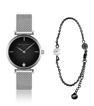 Дамски комплект от гривна и часовник в сребристо и черно Night Shore снимка