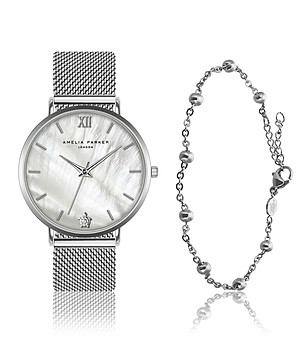 Дамски сребрист комплект от часовник и гривна Seashell снимка