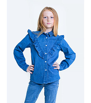 Синя памучна детска риза с къдрички Dominga снимка