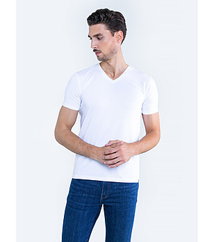 Памучна мъжка бяла тениска с V-образно деколте Supiclassic снимка