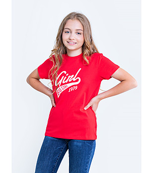 Детска памучна тениска в червено и бяло с щампа Vinnie снимка