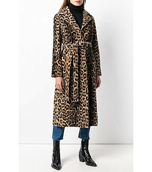 Дамско палто с леопардов принт с колан снимка