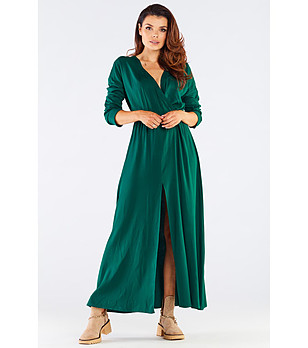 Зелена дълга рокля с цепка Shania  снимка