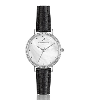 Сребрист дамски часовник с черна каишка Beverly снимка