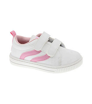 Бели детски обувки с розови ленти снимка