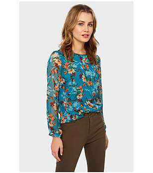 Дамска блуза в цвят тюркоаз с флорален принт снимка