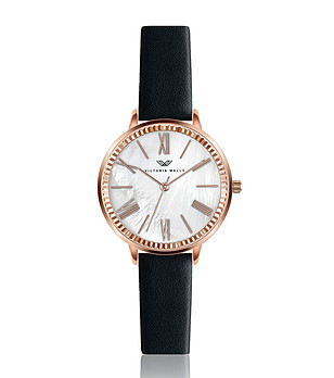 Дамски розовозлатист часовник с бял циферблат и черна каишка Ann снимка