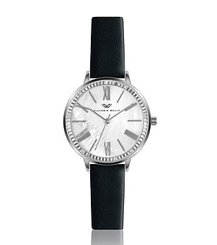 Сребрист дамски часовник с бял седефен циферблат и черна каишка Ann снимка