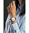 Сребрист дамски часовник с бял седефен циферблат и черна каишка Ann-1 снимка