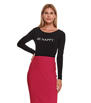 Черна памучна дамска блуза с надпис Be happy снимка