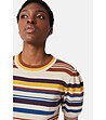 Бежов дамски пуловер на многоцветно райе-2 снимка