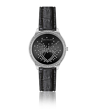 Черен дамски часовник с ефектен циферблат и кожена каишка снимка