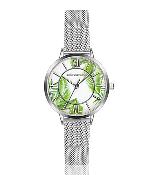 Сребрист дамски часовник с бял циферблат и принт на зелени листа Erin снимка