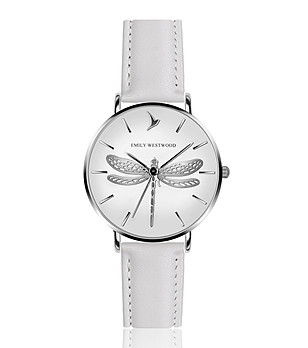 Бял дамски часовник с циферблат и декорация водно конче Dragonfly снимка