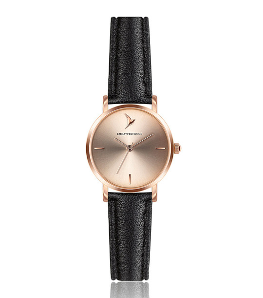 Дамски часовник с черна каишка и розовозлатисти елементи Elina снимка